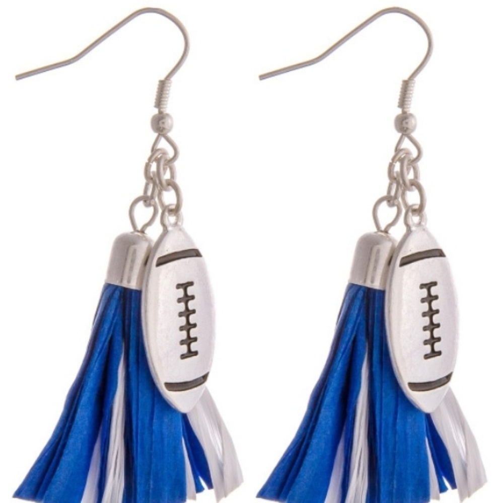 Blue and White Pom Pom Earrings